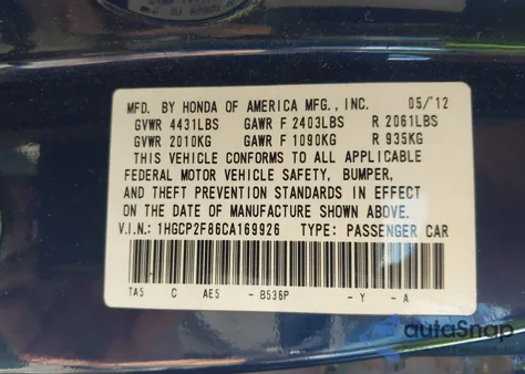 2012 Honda Accord 2.4 Ex-L/Ex-L from USA, damaged, VIN 1HGCP2F86CA169926